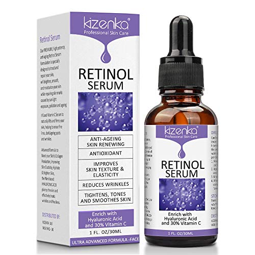 kizenka Suero de retinol con ácido hialurónico y vitamina C, suero facial antiarrugas antiarrugas, formulado para reducir las arrugas, atenuar las manchas oscuras y tratar debajo, 30 ml