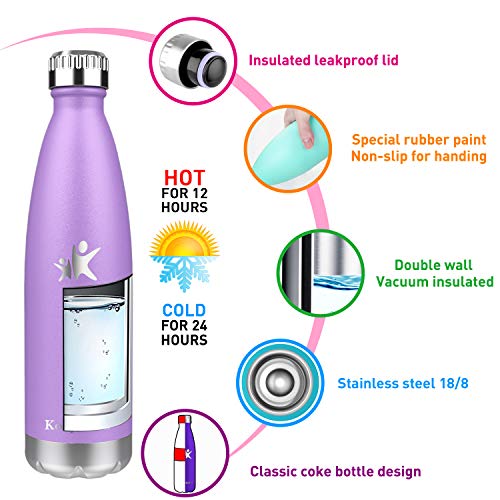 KollyKolla Botella de Agua Acero Inoxidable, Termo Sin BPA Ecológica, Botellas Termica Reutilizable Frascos Térmicos para Niños & Adultos, Deporte, Oficina, Yoga, Ciclismo, (650ml Luz Púrpura)