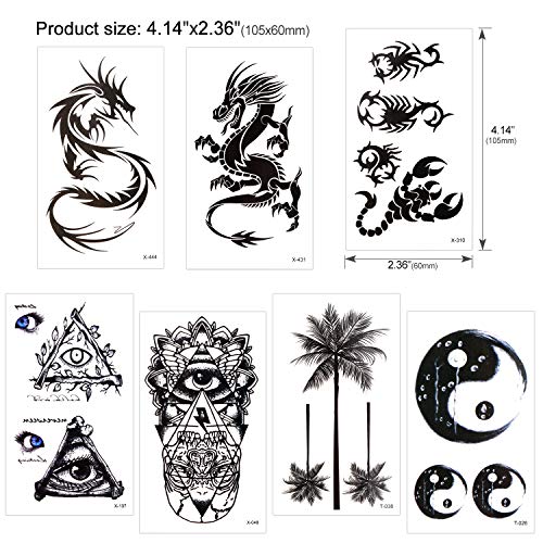 Konsait Tatuajes temporales para adultos Mujer hombre (30 hojas), impermeable Tatuaje Temporal Adhesivos Negro Tatuajes de cuerpo art, Dragón Ancla Escorpión Lobo Gráfico Alce