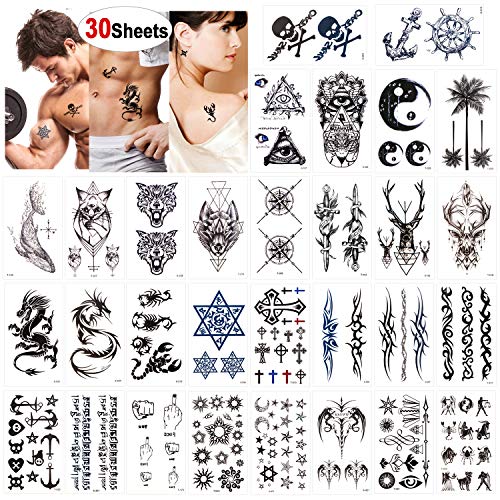 Konsait Tatuajes temporales para adultos Mujer hombre (30 hojas), impermeable Tatuaje Temporal Adhesivos Negro Tatuajes de cuerpo art, Dragón Ancla Escorpión Lobo Gráfico Alce