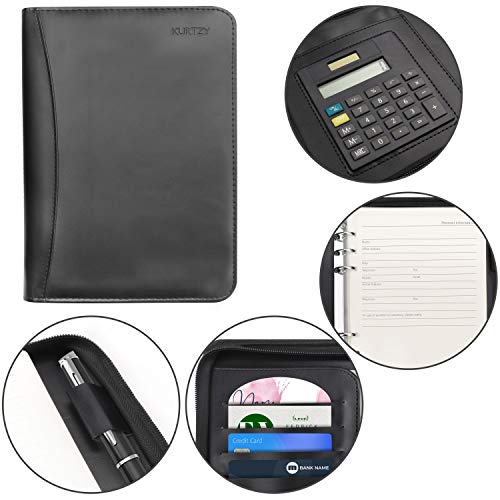 Kurtzy Agenda A5 con Cremallera - Padfolio Organizador Trabajo/Personal Negro Carpeta Portadocumentos Negocios, Viajes - Agenda Anillas con Calculadora, Bloc Notas Rellenable y Porta bolígrafo