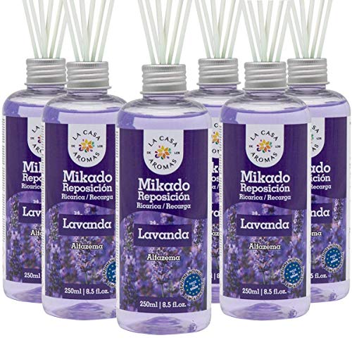 La Casa de los Aromas, Set de 6 x 250ml Ambientadores Mikado Lavanda para Reposición con Varillas, Difusor Líquido de Aroma Lavanda, Perfume Duradero para el Hogar, Baño, Casa - 6x250 ml