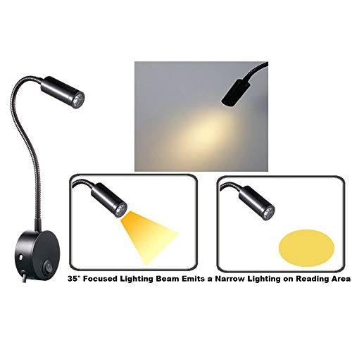 Lampara Pared Cuello de Cisne 3W, Konesky Lampara Lectura LED Pared 2 Piezas, Luz de Pared con Enchufe y el Interruptor, 100-200LM/3000K/AC 95-265V,ángulo del Haz:35°,Longitud del Brazo:11.8IN