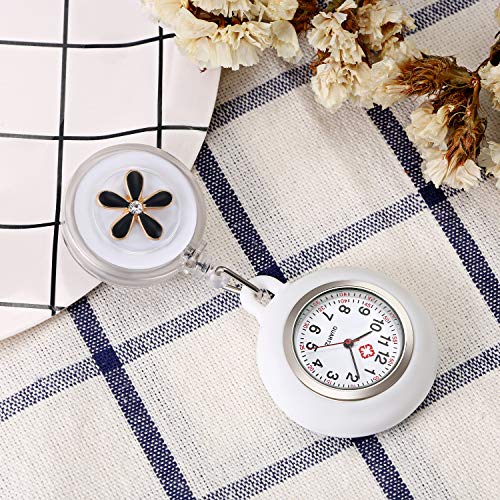 Lancardo Reloj Enfermera con Decoración Floral Reloj de Bolsillo para Médico Flor Elegante Movimiento Cuarzo NO Impermeable Clip Broche Longitud Estirable Flor Negro