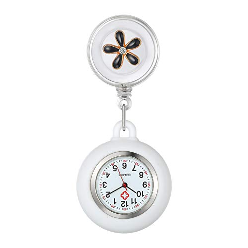 Lancardo Reloj Enfermera con Decoración Floral Reloj de Bolsillo para Médico Flor Elegante Movimiento Cuarzo NO Impermeable Clip Broche Longitud Estirable Flor Negro