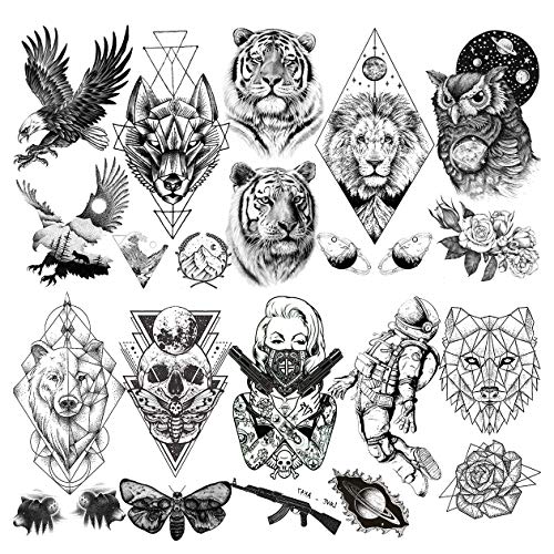 LAROI 10 Hojas Gran León Tigre Tatuaje Temporal Animales Negro Hombre Adultos Línea Geométrica Oso Búho Polilla Mujer Brazo Grande Muerte Cráneo Falso Águila Tatuajes Temporales Realistas Tattoos