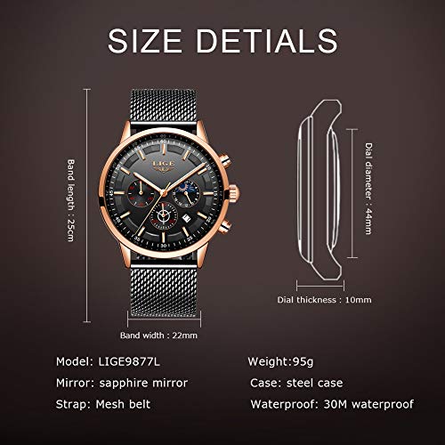 LIGE La Moda Relojes Hombre Negocios Impermeable Cuarzo simulado Reloj Fase Lunar Negro Acero Inoxidable Cinturón de Malla Relojes de Pulsera