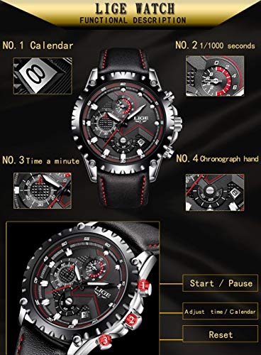 LIGE Relojes Hombres Cronógrafo Impermeable Militar Deportivo Analógico Cuarzo Relojes Hombre Moda Negro Cuero Calendario Relojes de Pulsera