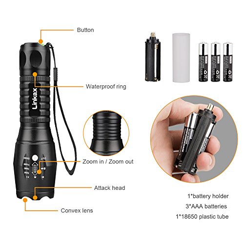 Linkax Linterna LED Alta Potencia Linternas Antorcha Linterna de Mano 800 LM Flashlight LED de 5 Modos para Ciclismo Camping Montañismo incluida 3 AAA Pilas [Clase de eficiencia energética A]