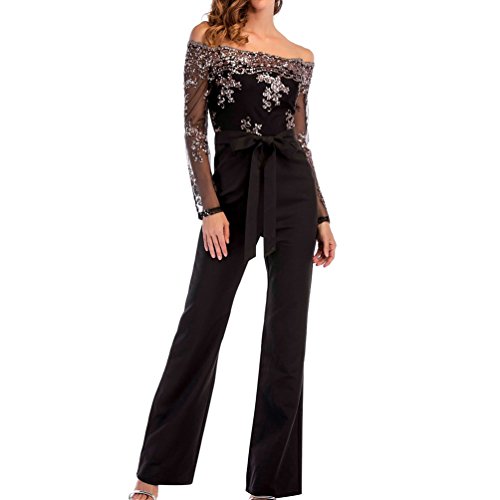 Linnuo Mono Mujer de Manga Larga Lentejuelas Jumpsuit Off Shoulder Brillantes Playsuit Romper de Club Coctel (Negro,CN S)