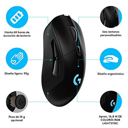 Logitech G703 Lightspeed Ratón Gaming Inalámbrico, Captor Hero 16,000 dpi, Pesos Ajustables, 6 Botones Programables, Memoría Integrada, Compatible con PC/Mac, Negro