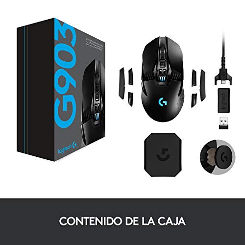 Logitech G903 Lightspeed Ratón Gaming Inalámbrico, Captor Hero 16,000 dpi, RGB, Ultraligero, Botones Programables, Batería de 140h Memoría Integrada, Ambidiestro, PC/Mac,Versión Alemana