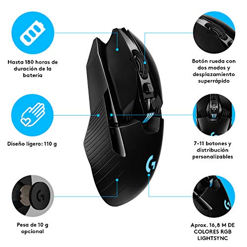 Logitech G903 Lightspeed Ratón Gaming Inalámbrico, Captor Hero 16,000 dpi, RGB, Ultraligero, Botones Programables, Batería de 140h Memoría Integrada, Ambidiestro, PC/Mac,Versión Alemana