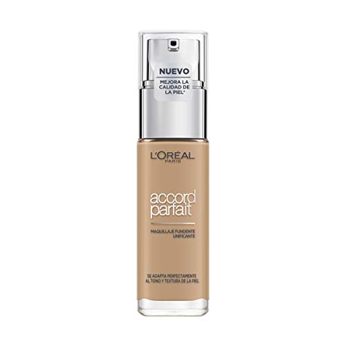 L'Oréal Paris Accord Parfait, Base de maquillaje acabado natural con ácido hialurónico, tono piel medio 5N, 30 ml