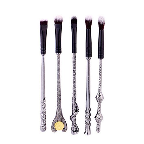 Lote de 5 pinceles para maquillaje mango Fantasía inspirés de Harry Potter maquillaje Eyeshadow Brush regalo para mujer original (Plateado)