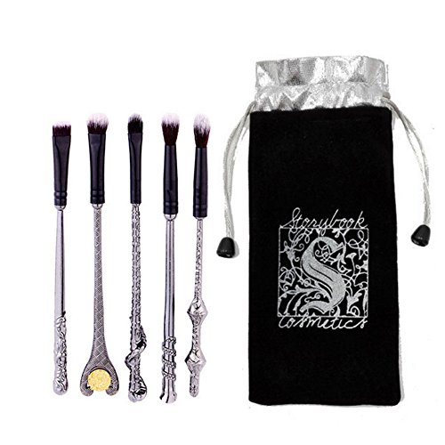 Lote de 5 pinceles para maquillaje mango Fantasía inspirés de Harry Potter maquillaje Eyeshadow Brush regalo para mujer original (Plateado)