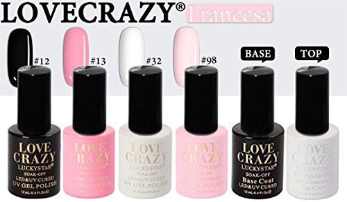 LOVECRAZY® Series Esmaltes de Uñas en Gel Permanente/Semipermanente para Manicura y Pedicura, 4 Esmaltes de Colores,Top Coat y Base Coat UV LED (12,13,32,98)