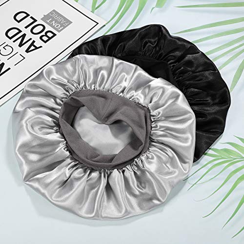 Lurrose 2pcs Sombrero de Gorro de Dormir de satén Banda Ancha Gorra de Noche Suave para Mujeres y Chicas(Negro + Plata)