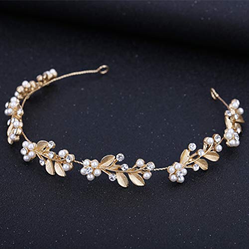 Lurrose Aleación de pelo Vine hojas de oro Rhinestone flor de la perla nupcial Headpieces boda diadema Headwear pelo joya para mujeres niñas