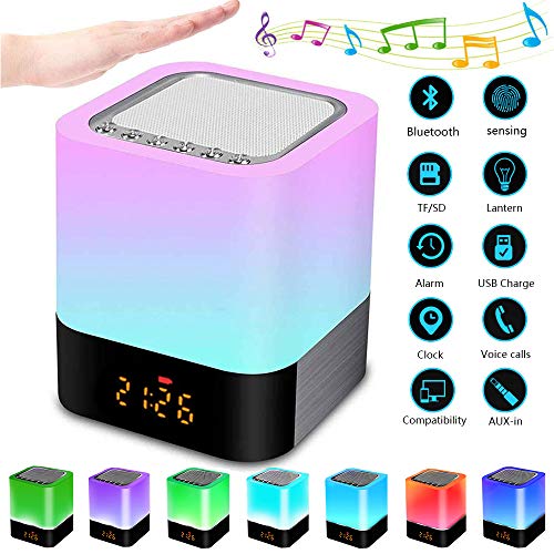 Luz Nocturna Altavoz Bluetooth, Frontoppy Lámpara Táctil Que Cambia de Color, Luz de Noche RGB Regulable, Reloj Despertador Digital, Regalo para Adolescentes