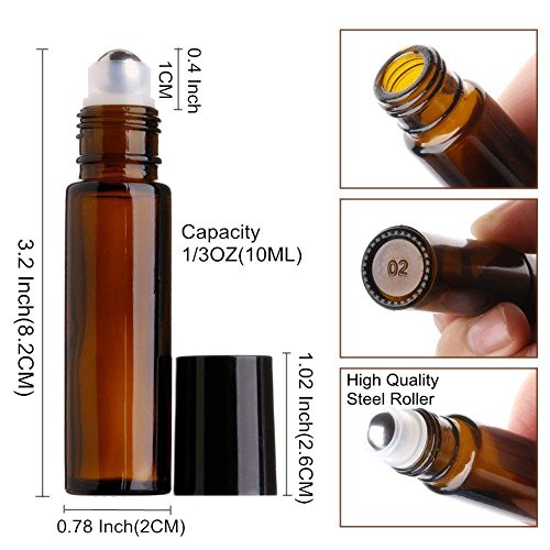 MINGZE 8 piezas 10ml Botellas de vidrio ámbar con bola de metal de acero inoxidable, Botella de aceite esencial Roll-on para aceite esencial, Botella de bola de rodillo para líquido