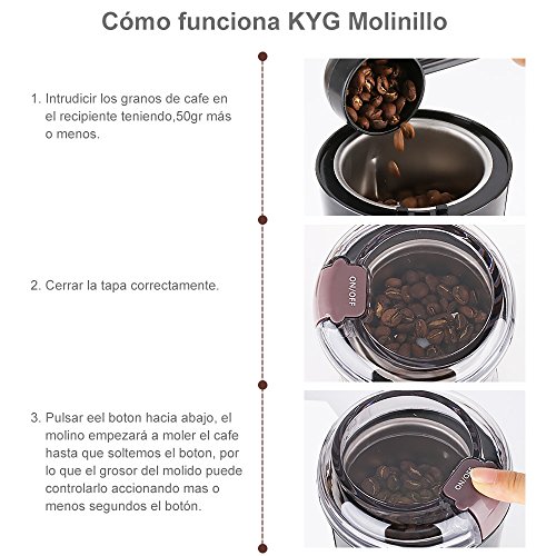 Molinillo Eléctrico de Café Semillas Especias Frutos Secos Molinos de Cuchillas Acero Inoxidable de 300W Potencia Muele Rápido Viene con Cepillo para Limpieza y Cuchara de Medición