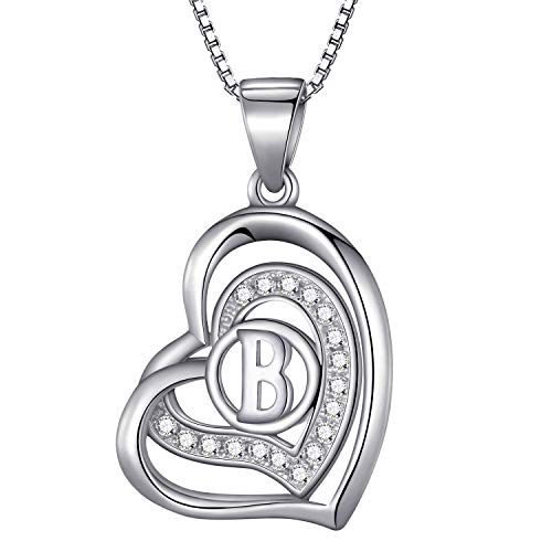 Morella Collar de Mujer con Colgante corazón-Letra B de 925 Plata rodiada con Piedras de circonita de Color Blanco 46cm