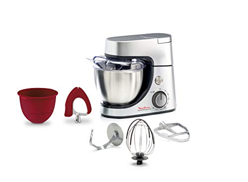 Moulinex Masterchef Gourmet QA530D - Robot Amasador 1100 W, Bol de Acero Inoxidable 4.6 L, para batir, emulsionar y amasar, 8 velocidades, Kit de pastelería + accesorios silicona y libro de recetas