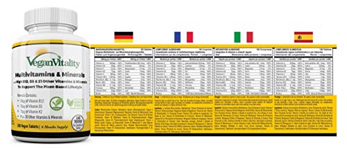 Multivitaminas y minerales veganos con vitamina B12, D3 y K2 de alta resistencia. 180 tabletas multivitamínicas - 6 meses de suministro. Diseñado para veganos y vegetarianos