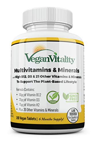 Multivitaminas y minerales veganos con vitamina B12, D3 y K2 de alta resistencia. 180 tabletas multivitamínicas - 6 meses de suministro. Diseñado para veganos y vegetarianos