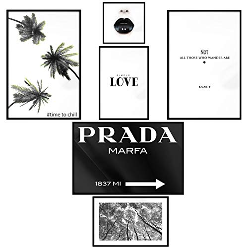 murando Poster Conjunto de 6 Carteles Colección de Posters con Marco Negro Cuadro Impresos Póster con Motivos Artísticos Galería de Pared Enmarcado Love Fashion Prada Palmeras Chill Relax