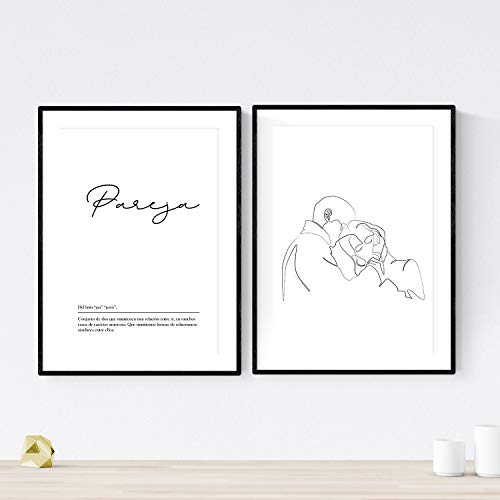 Nacnic Set de 2 Posters lineas Femeninas y Palabras Estilo nordico Blanco y Negro en tamaño A3 Beso Pareja sin Marco