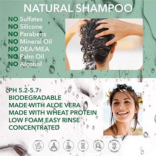 NATURAL - CHAMPÚ - REPARA Y CRECE - con ALOE VERA, RICINO, AGUACATE Y MENTA - 250 ml - por POO FREE - Sin Sulfatos, Sin Parabenos, Sin Silicona. Concentrado, Fàcil de Enjuagar.