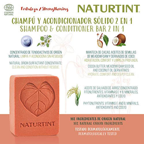 Naturtint Fortaleza 2 en 1 | Champú Sólido + Acondicionador Ecológico. Regenera y Protege | Cabello Débil, Sin Volumen o Caída | Sin SLS, sostenible | 75ml. 99% Ingredientes Naturales. ECOCERT