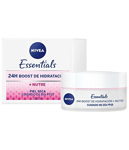 NIVEA Cuidado de Día Nutritivo (1 x 50 ml), crema facial con protector solar 15 y protección UVA, crema de día de cuidado esencial para piel seca, 24h boost hidratación