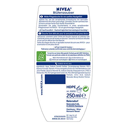 Nivea - Gel de ducha sedoso floral, 250 ml, con aceite de almendras y aroma de pétalos de rosa blanca, crema de ducha para una sensación suave en la piel