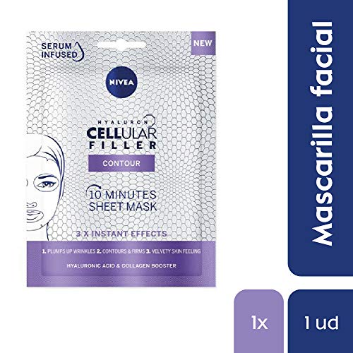 NIVEA Hyaluron Cellular Filler + Contorno Mascarilla de Tejido, mascarilla reafirmante de cuidado facial, mascarilla facial para rellenar las arrugas - 1 ud