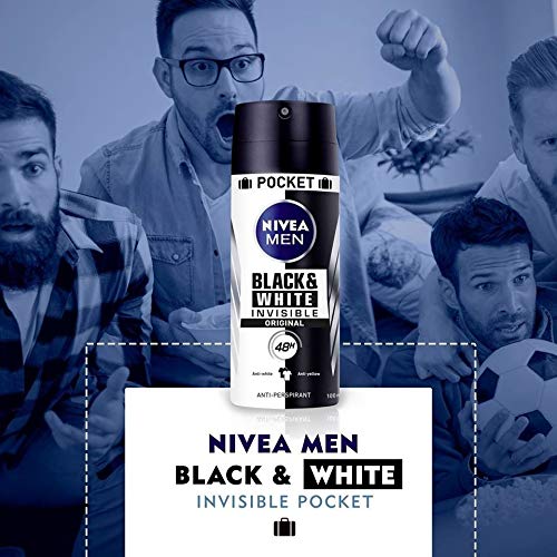 NIVEA MEN Black & White Invisible Spray Pocket, desodorante antimanchas con protección 48 h, desodorante antitranspirante para cuidado masculino - pack de 6 x 100 ml