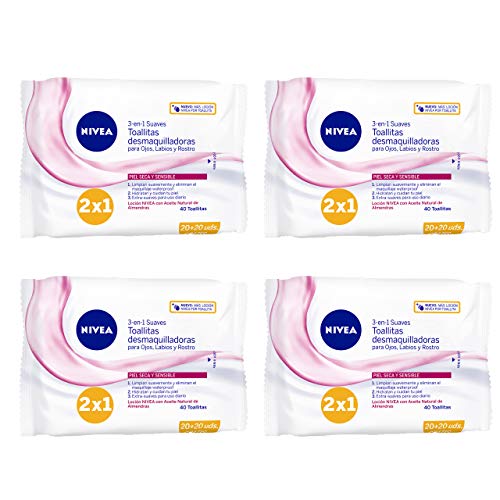 NIVEA Toallitas Desmaquilladoras Suaves en pack de 4 (4 x 40 ud), toallitas desmaquillantes para piel seca y sensible, toallitas húmedas para rostro, ojos y cuello