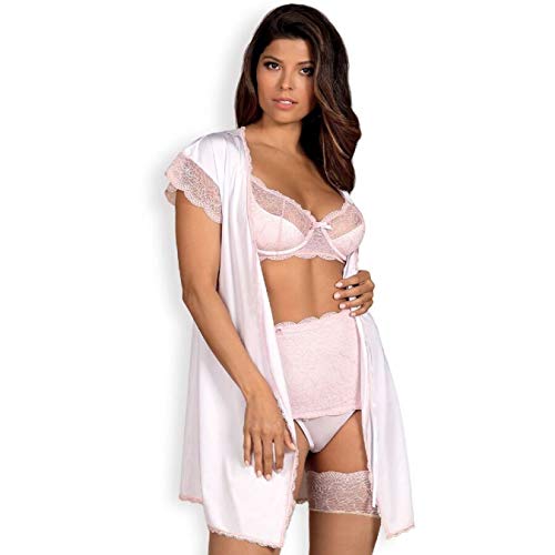 Obsessive Elegante Peignoir Girlly Collection, tela de color liso con encaje rosa, muy bonita. Mangas cortas de encaje – cinturón de satén suave y extremadamente femenino en la cintura (XXL)