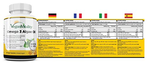 Omega 3 Vegano Aceite de algas de Vegan Vitality: 400mg de DHA por cápsula. 60 cápsulas, 2 meses de suministro. Vitaminas vegetarianas puras a base de plantas