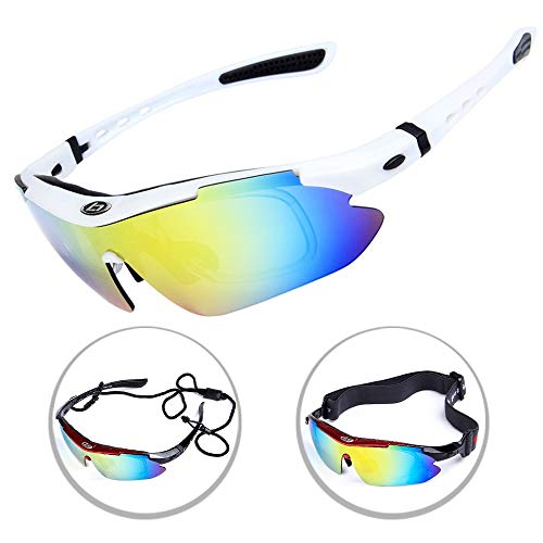 OPEL-R Gafas Ciclismo Motocross Anti-UV400 Gafas De Sol Polarizadas 5 Lentes para MTB Correr, Pescar, Conducir, Deportes Al Aire Libre,Blanco