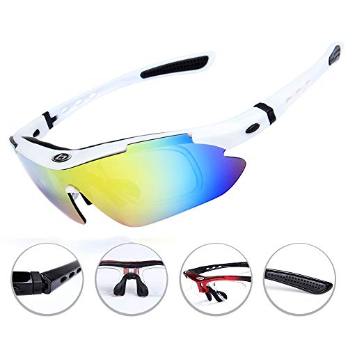 OPEL-R Gafas Ciclismo Motocross Anti-UV400 Gafas De Sol Polarizadas 5 Lentes para MTB Correr, Pescar, Conducir, Deportes Al Aire Libre,Blanco