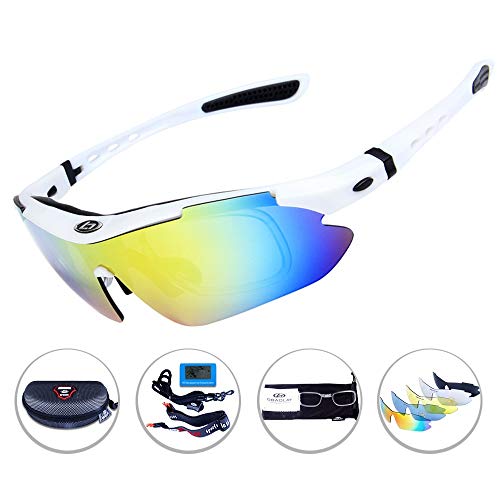 OPEL-R Gafas Ciclismo Motocross Anti-UV400 Gafas De Sol Polarizadas 5 Lentes para MTB Correr, Pescar, Conducir, Deportes Al Aire Libre,Blanco