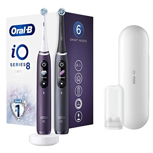 Oral-B iO 8 Cepillos Eléctricos Recargables Con Tecnología De Braun, Mangos Morado Y Negro Con Tecnología Magnética Revolucionaria, Pantalla En Color, 2 Cabezales De Recambio, 1 Funda De Viaje Premium