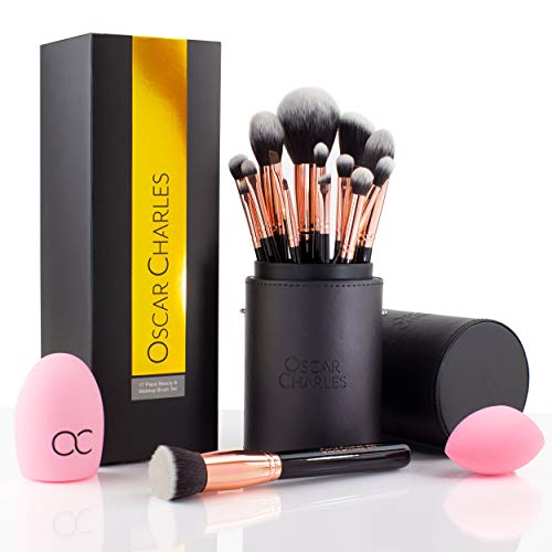 Oscar Charles Juego de brochas de maquillaje profesional con mezclador de belleza y limpiador en elegante estuche de brochas, presentado en una hermosa caja de regalo [15 piezas] [Oro rosa]