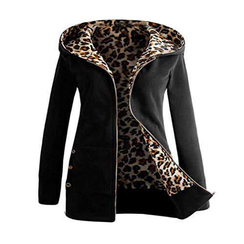 Overdose Las Mujeres MáS De Terciopelo Engrosada con Capucha Linda Dama SuéTer Leopard Cremallera Capa con Capucha Sudadera (Large, Negro)