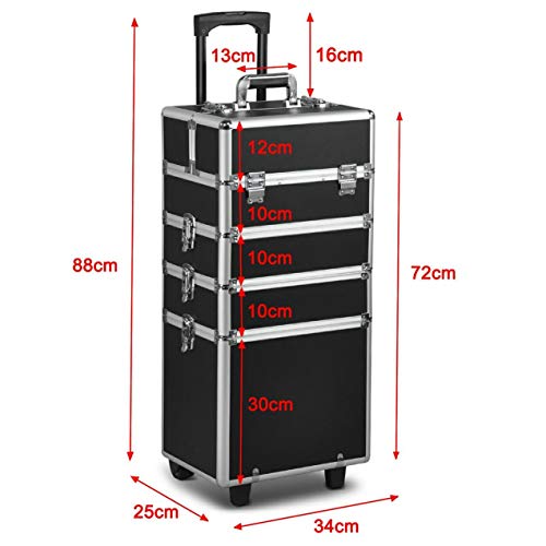 Paneltech 4 en 1 Belleza Maquillaje Belleza Rolling Case Organizador Cosméticos Peluquería Caja de Almacenamiento con Cerradura Bolsa Profesional portátil de Viaje Trolley (Negro)