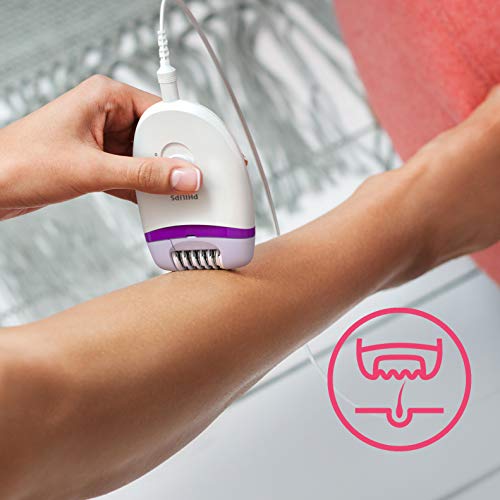 Philips BRE225/00 - Philips Depiladora Satinelle Essential BRE225/00 - Depiladora mujer para piernas con cable compacta, 2 ajustes de velocidad, blanco/morado