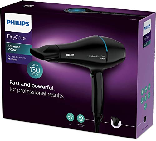 Philips Thermoprotect - Secador de Pelo Profesional, motor AC, cuidado iónico, boquilla 9 mm y 6 velocidades, temperatura ThermoProtect, 2100 W, negro y turquesa, BHD272/00